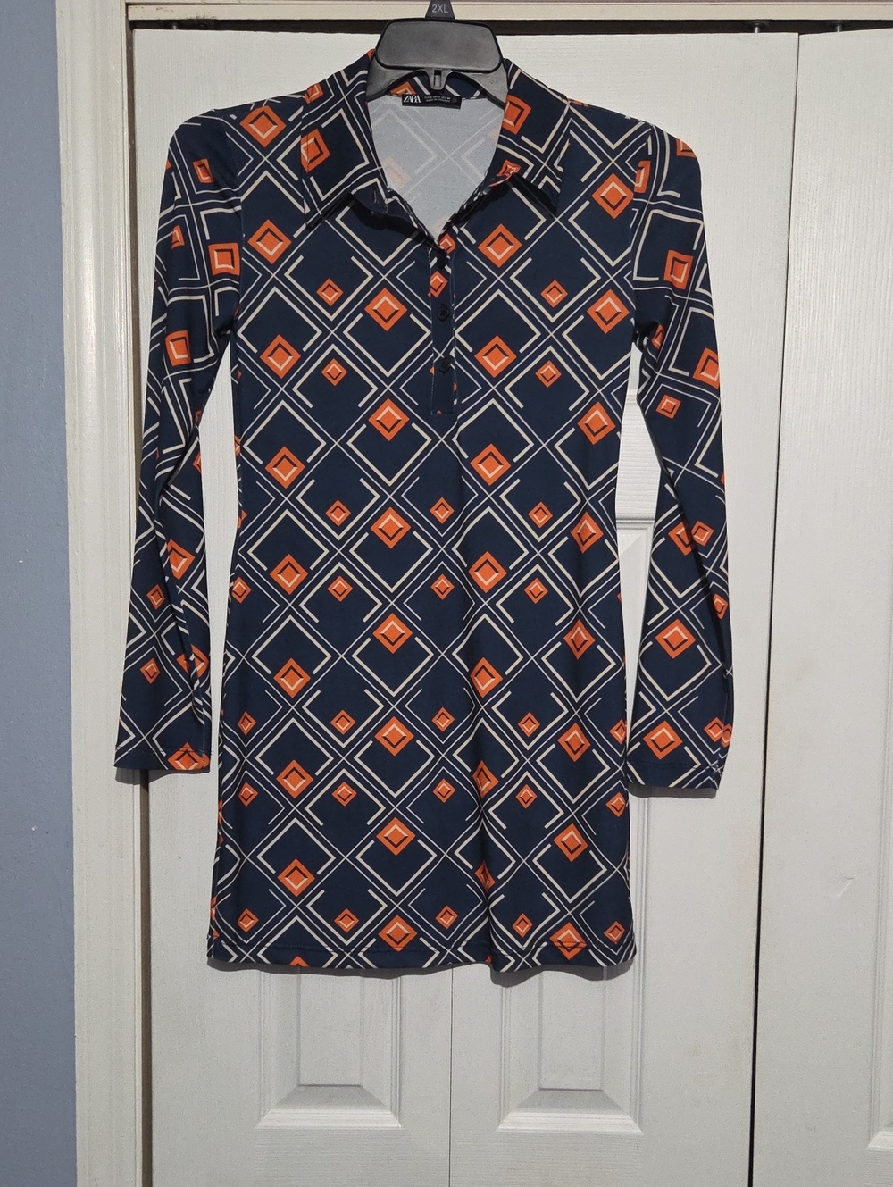 Zara Navy Long-Sleeve Geometric Polo Dress with Orange Accents